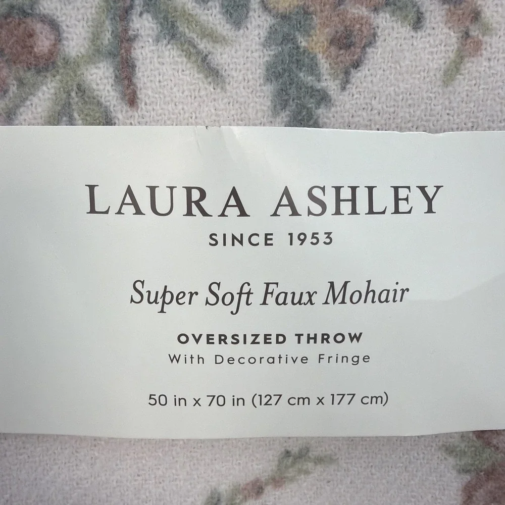 Laura Ashley Throw Blanket 50x70 Cream Floral Super Soft Faux Mohair Cottage
